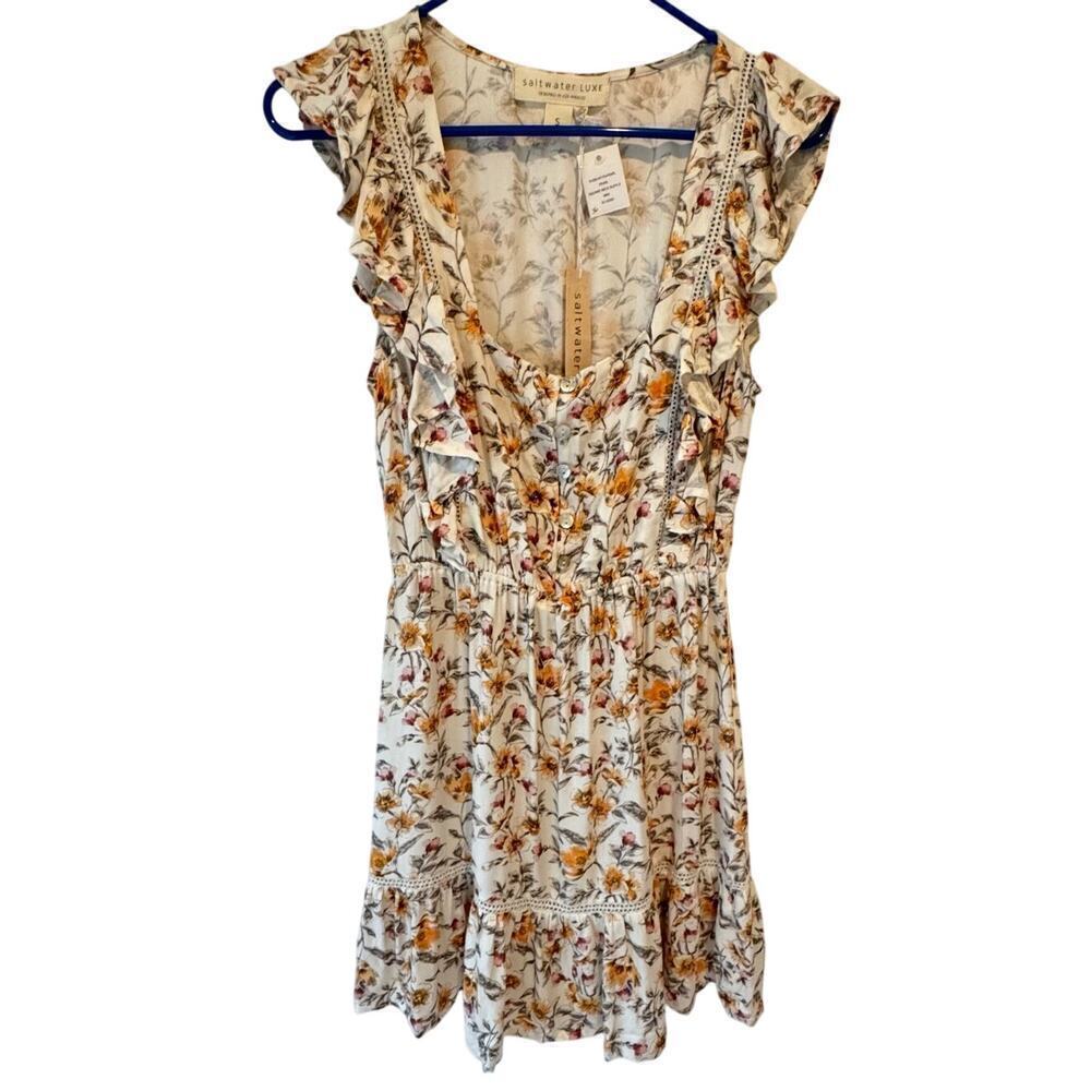 Saltwater Luxe Pearl Square Neck Ruffle Mini Dress Sz S White Yellow Floral NEW